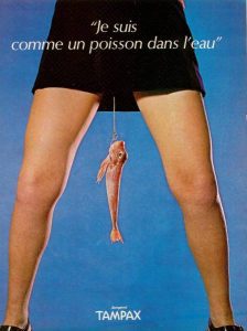 Tampax advert with fish dangling between a woman's legs
