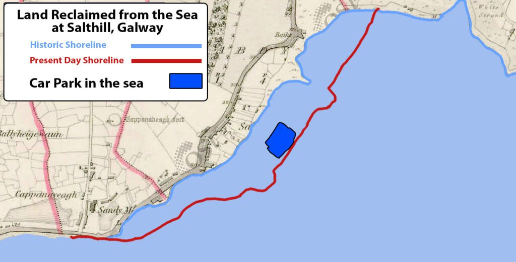 Map showing expansion of the shoreline at Salthill Galway due to land reclamation.