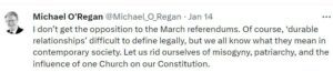 Former Irish Times journalist Michael O'Regan makes false claims of misogyny in Irish law.