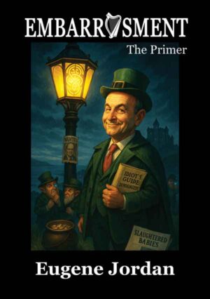 Embarrassment the primer. A book written by Eugene Jordan. Front cover depicting an effigy of and Irish politician under a gaslight as he sneers at his family and supporters